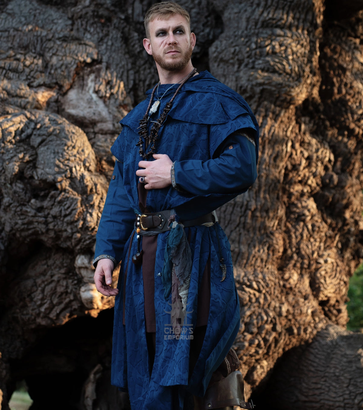 Blue Panelled Waistcoat & Hood LARP Set, 2 Pieces (Waistcoat & Scarf Hood)