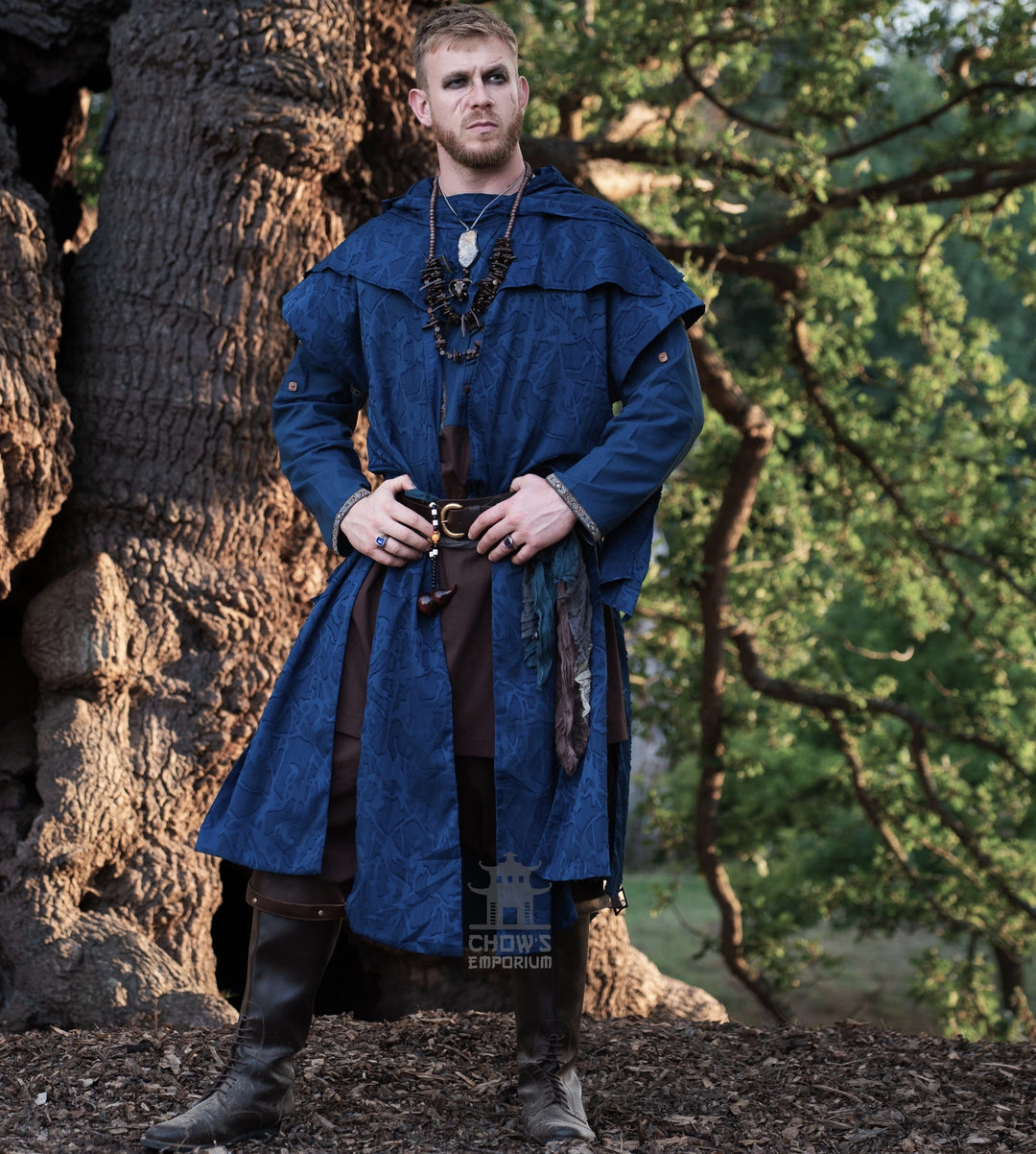 Blue Panelled Waistcoat & Hood LARP Set, 2 Pieces (Waistcoat & Scarf Hood)