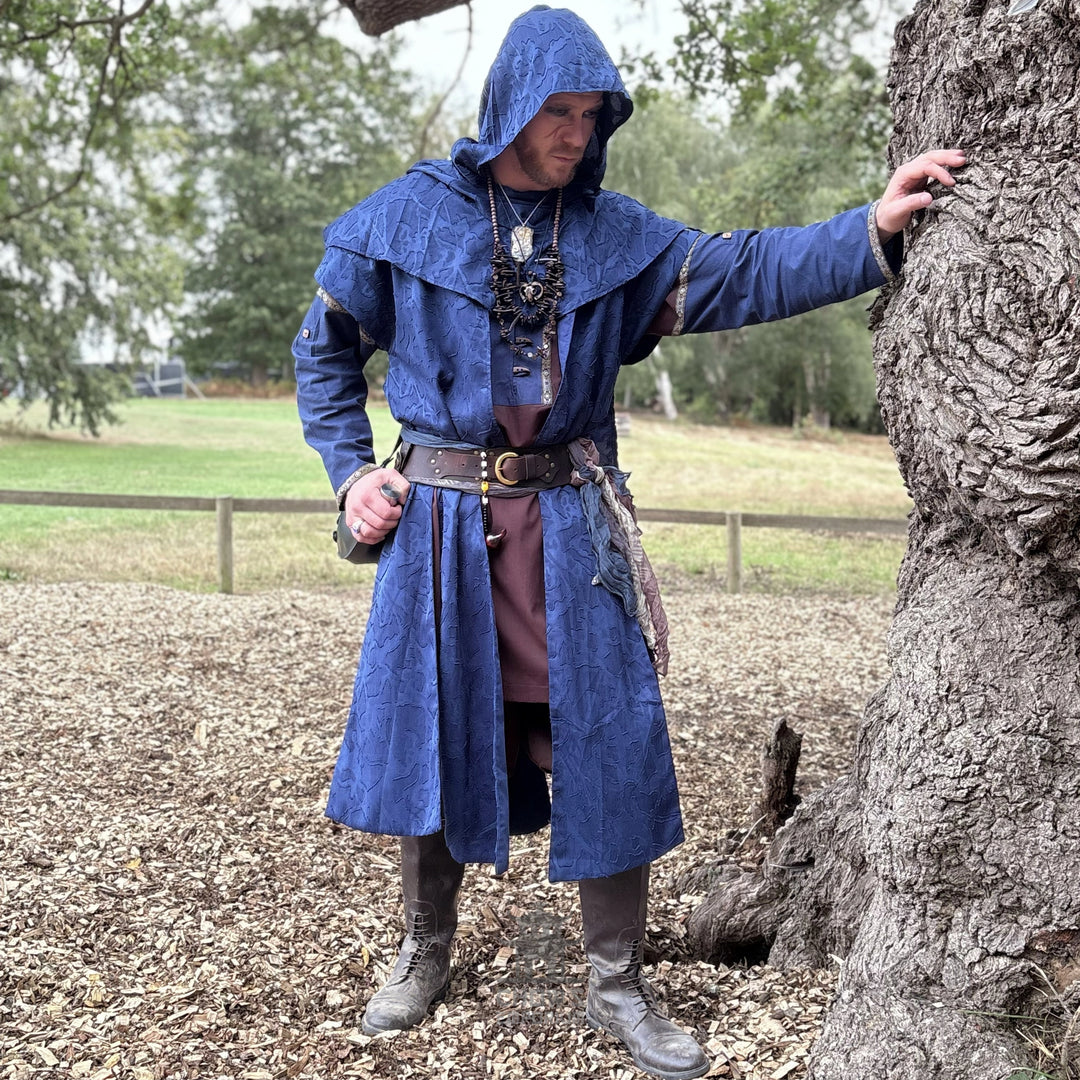 Blue Panelled Waistcoat & Hood LARP Set, 2 Pieces (Waistcoat & Scarf Hood)