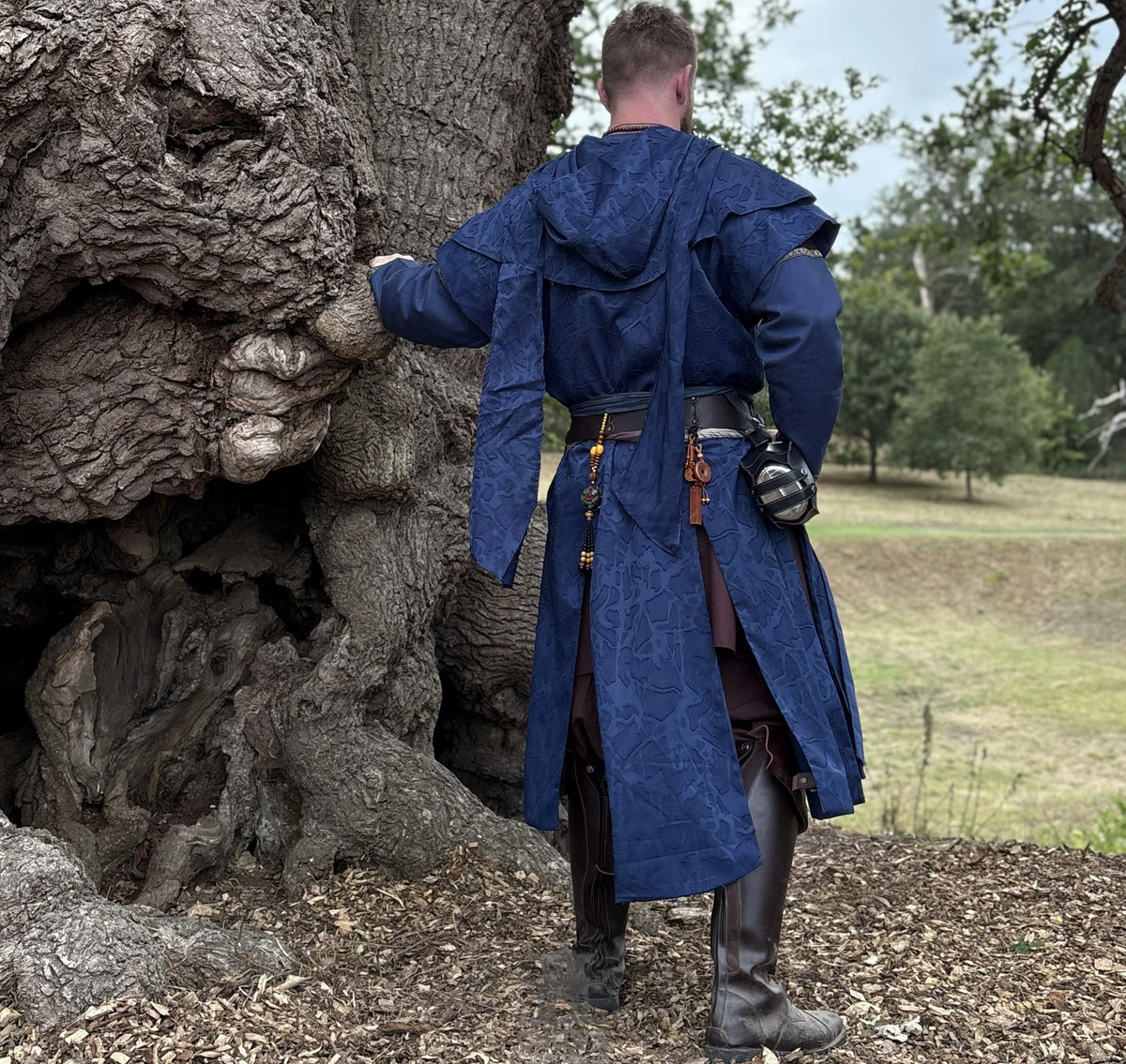 Blue Panelled Waistcoat & Hood LARP Set, 2 Pieces (Waistcoat & Scarf Hood)