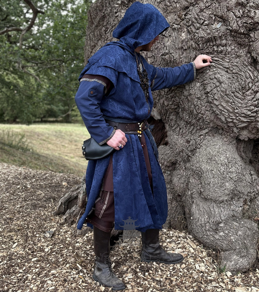 Blue Panelled Waistcoat & Hood LARP Set, 2 Pieces (Waistcoat & Scarf Hood)