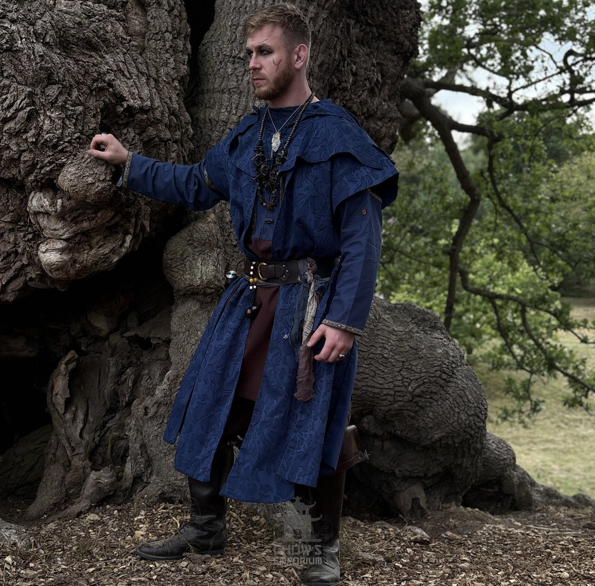 Blue Panelled Waistcoat & Hood LARP Set, 2 Pieces (Waistcoat & Scarf Hood)