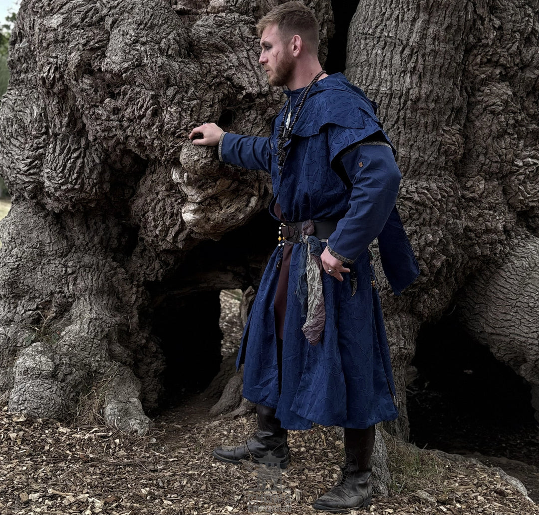 Blue Panelled Waistcoat & Hood LARP Set, 2 Pieces (Waistcoat & Scarf Hood)