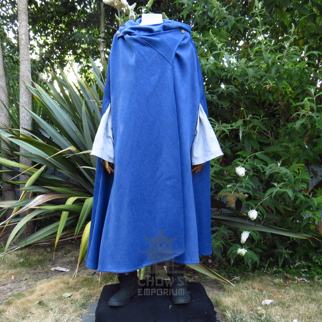 Blue wool cloak worn open over a pale tunic, tunic sold separately