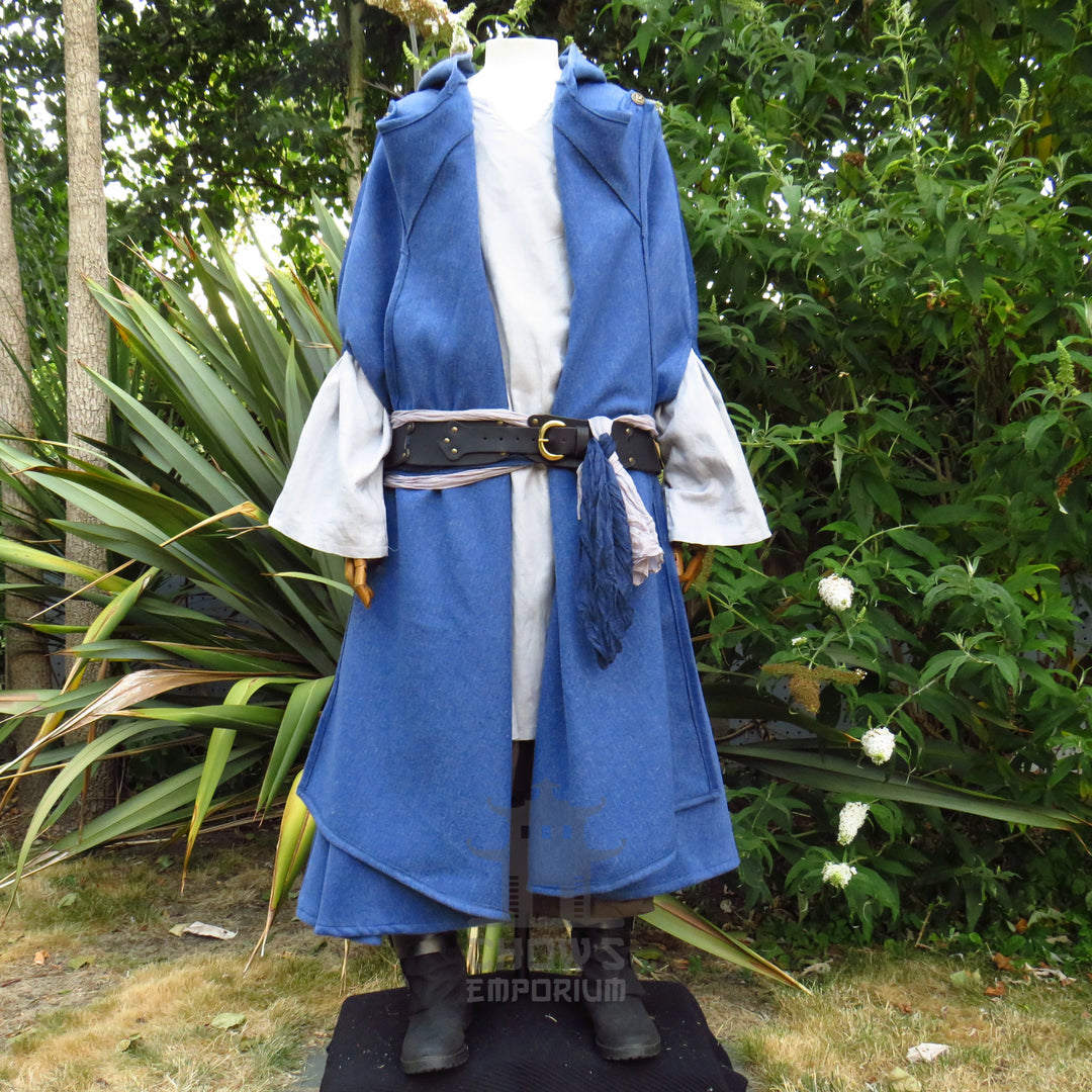 Blue wool cloak worn belted over a tunic with a sash, belt and tunic sold separately