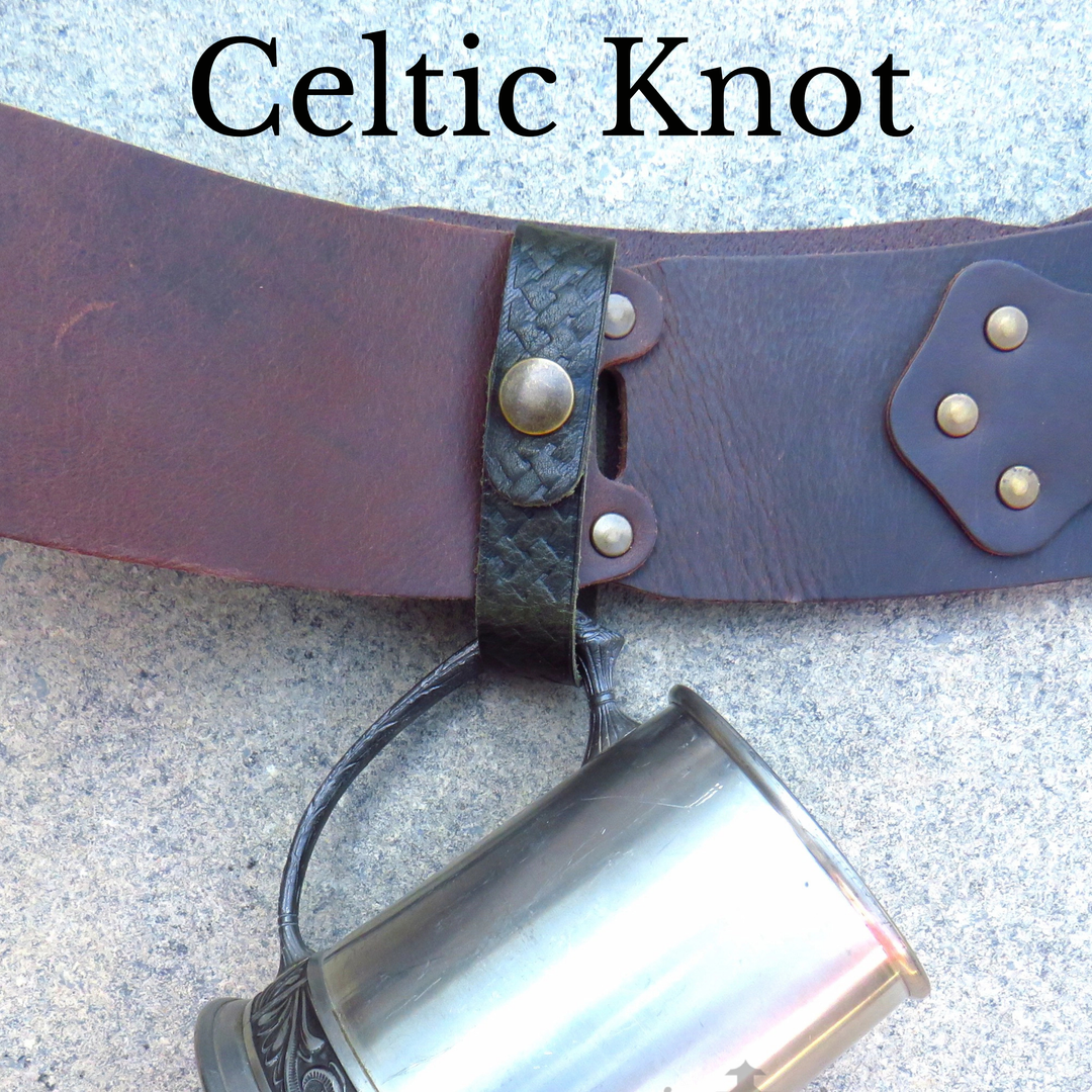 Dark brown leather tankard loop with Celtic knot embossing on a belt, tankard hanging