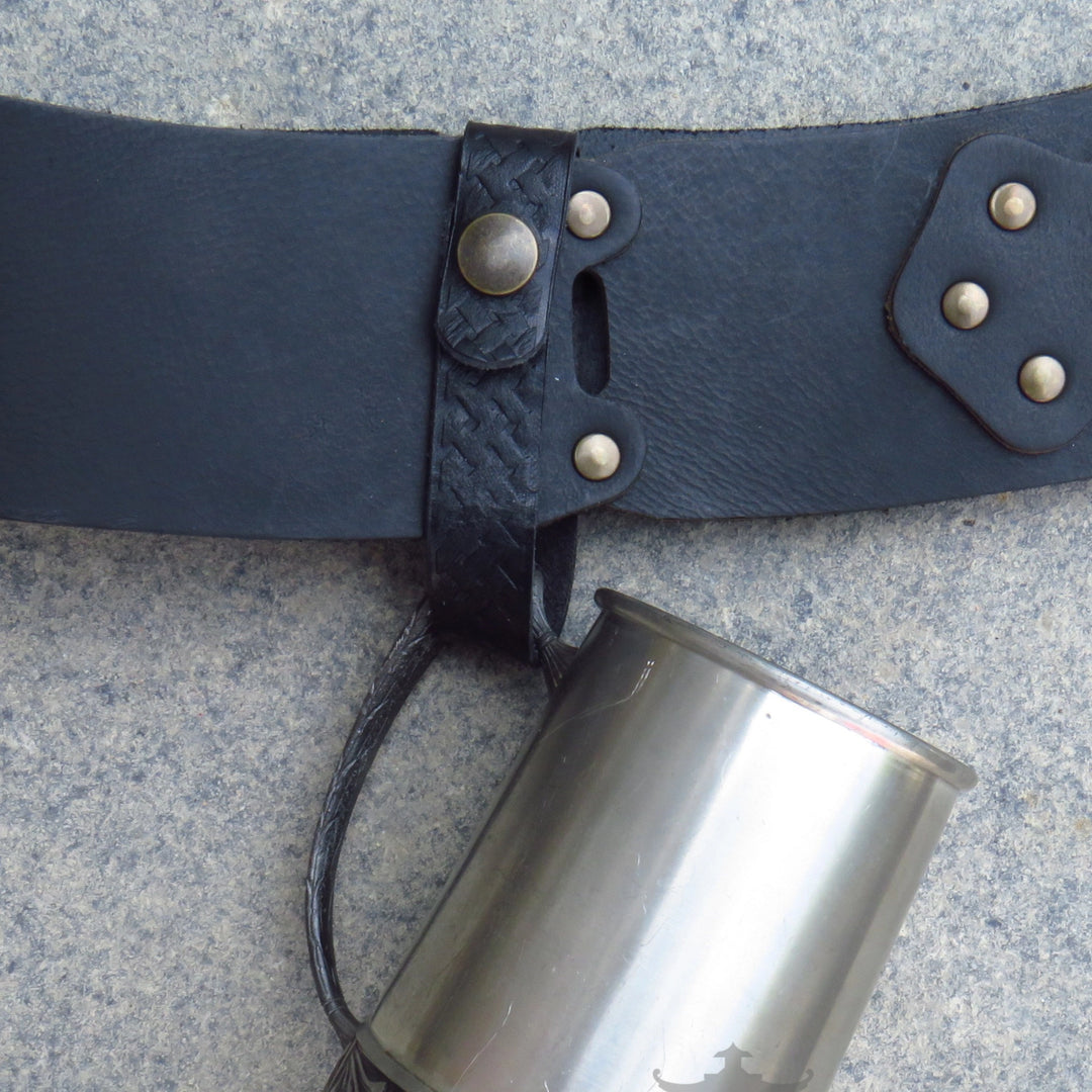 Navy leather tankard loop with Celtic knot pattern and popper fastening