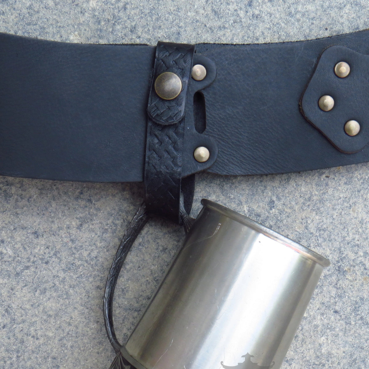 Navy leather tankard loop with Celtic knot pattern and popper fastening