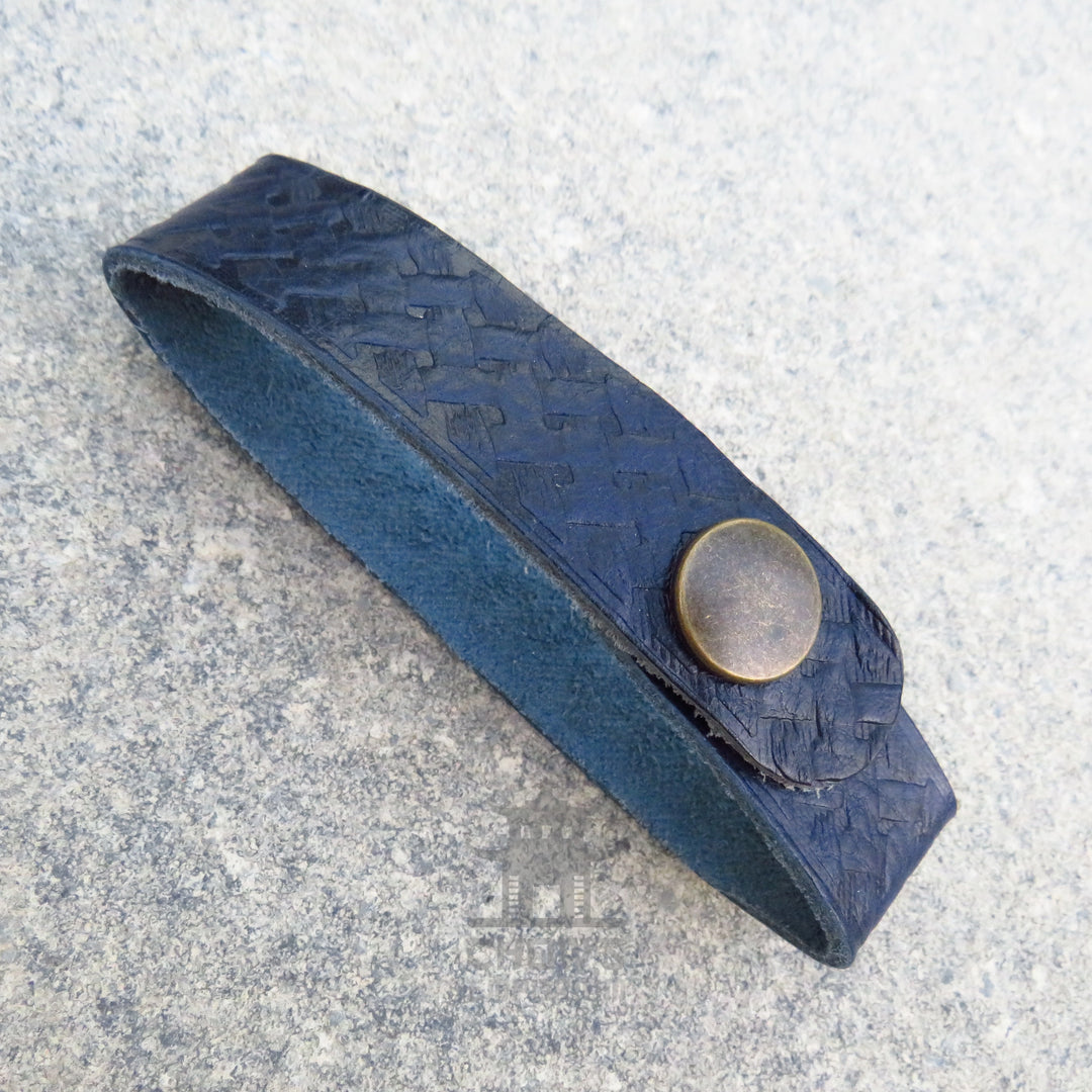 Navy leather tankard loop with Celtic knot pattern and popper fastening