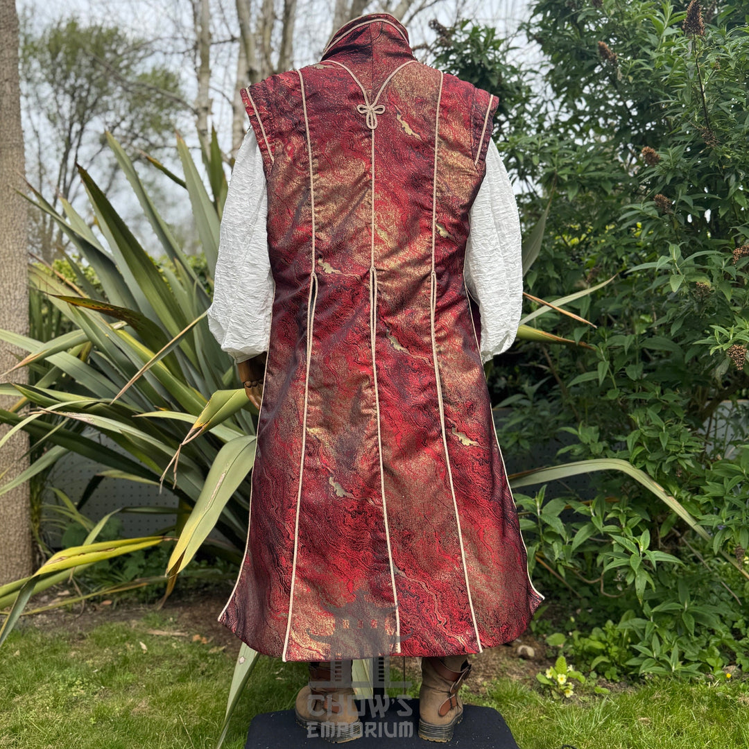 Rear view of the marbled crimson waistcoat showing panel construction