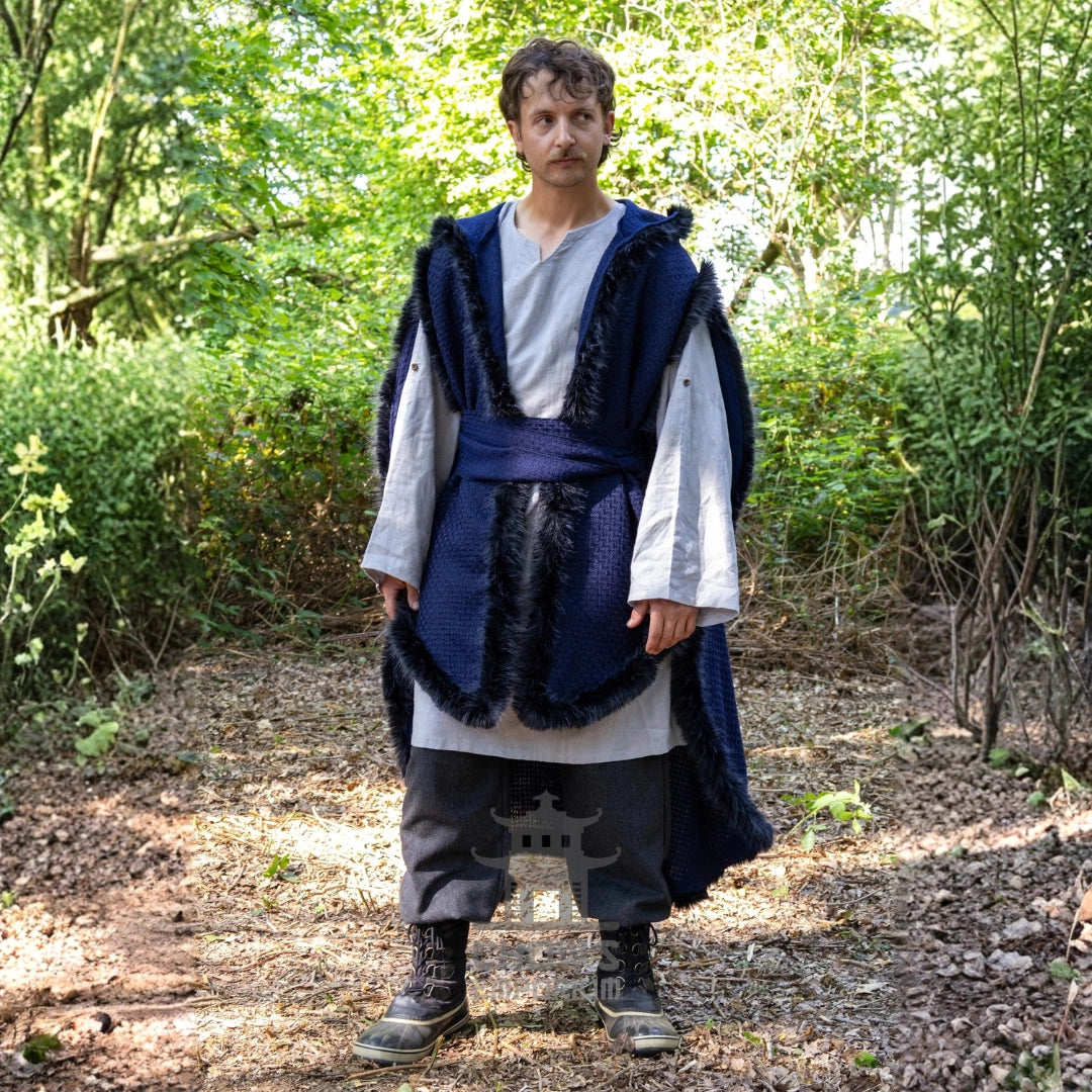 Blue and Black Viking Fur-Trim Cape with Sash