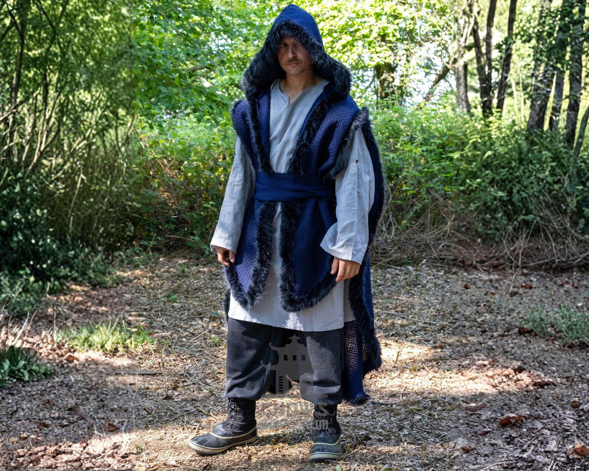Blue and Black Viking Fur-Trim Cape with Sash