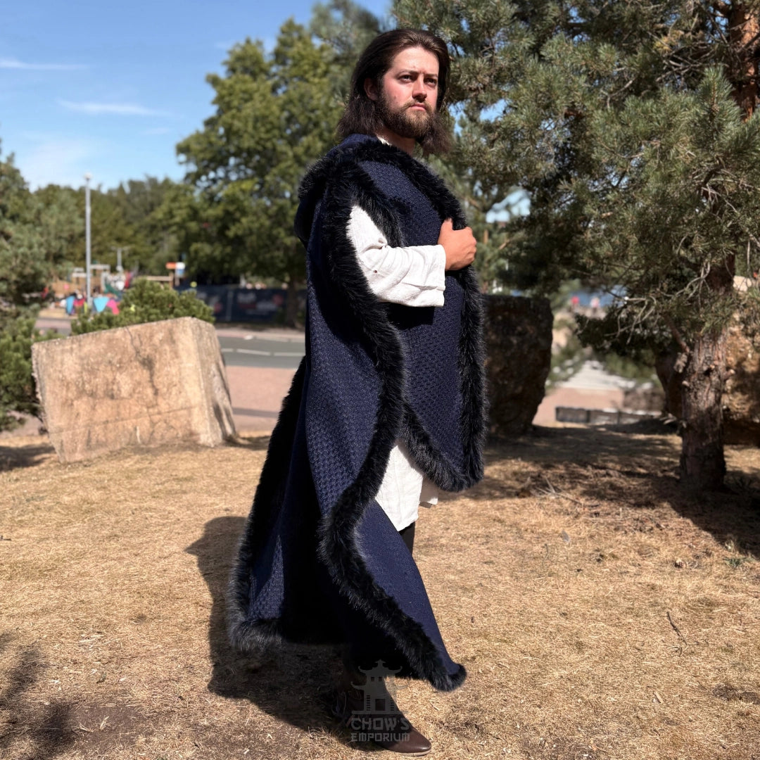 Blue and Black Viking Fur-Trim Cape with Sash