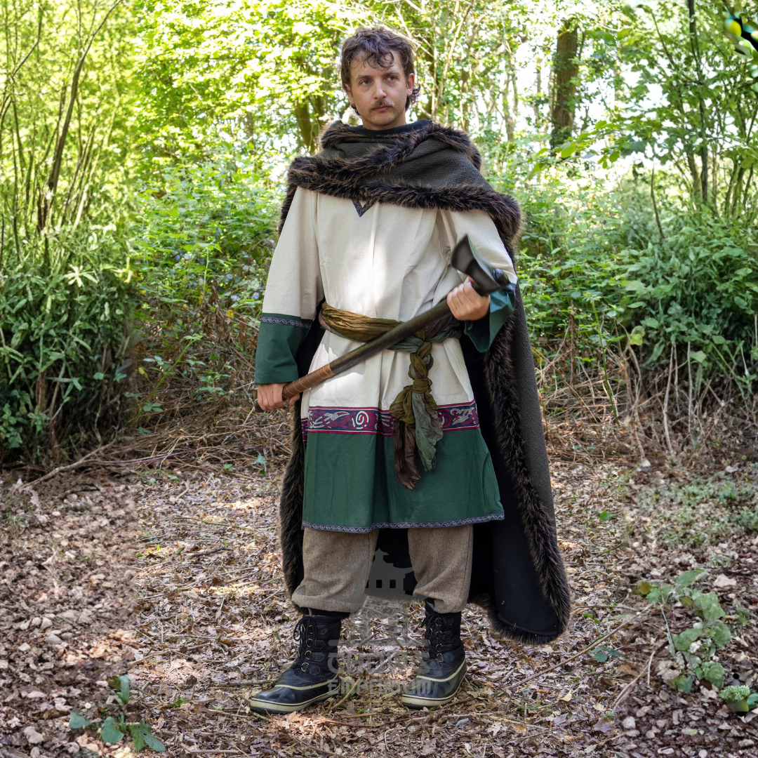 Green and Brown Viking Fur-Trim Cape with Sash
