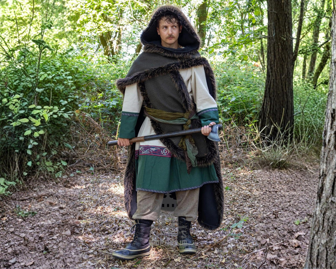 Green and Brown Viking Fur-Trim Cape with Sash