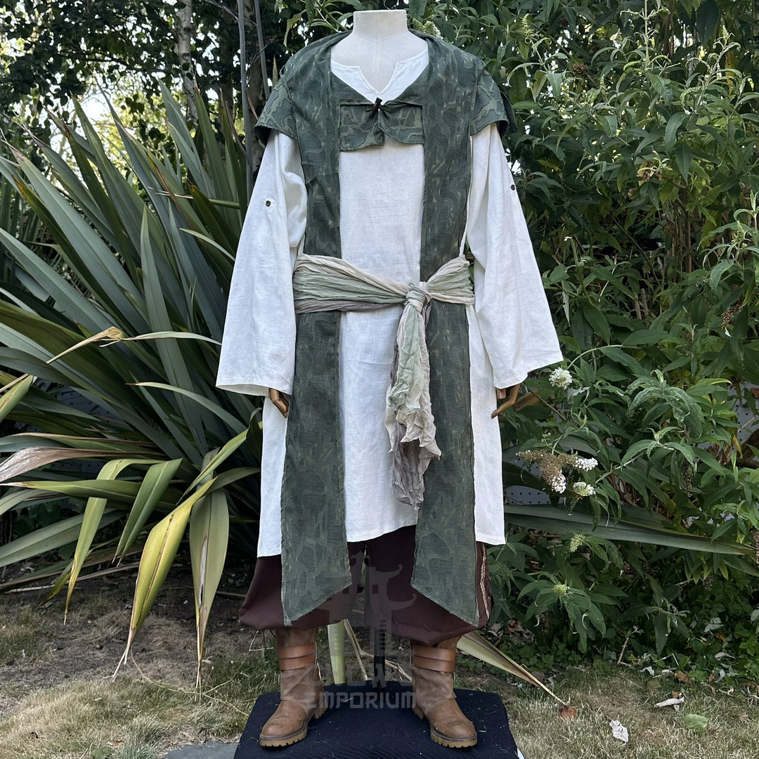 Green cotton scarf hood with the ends hanging loose at the front