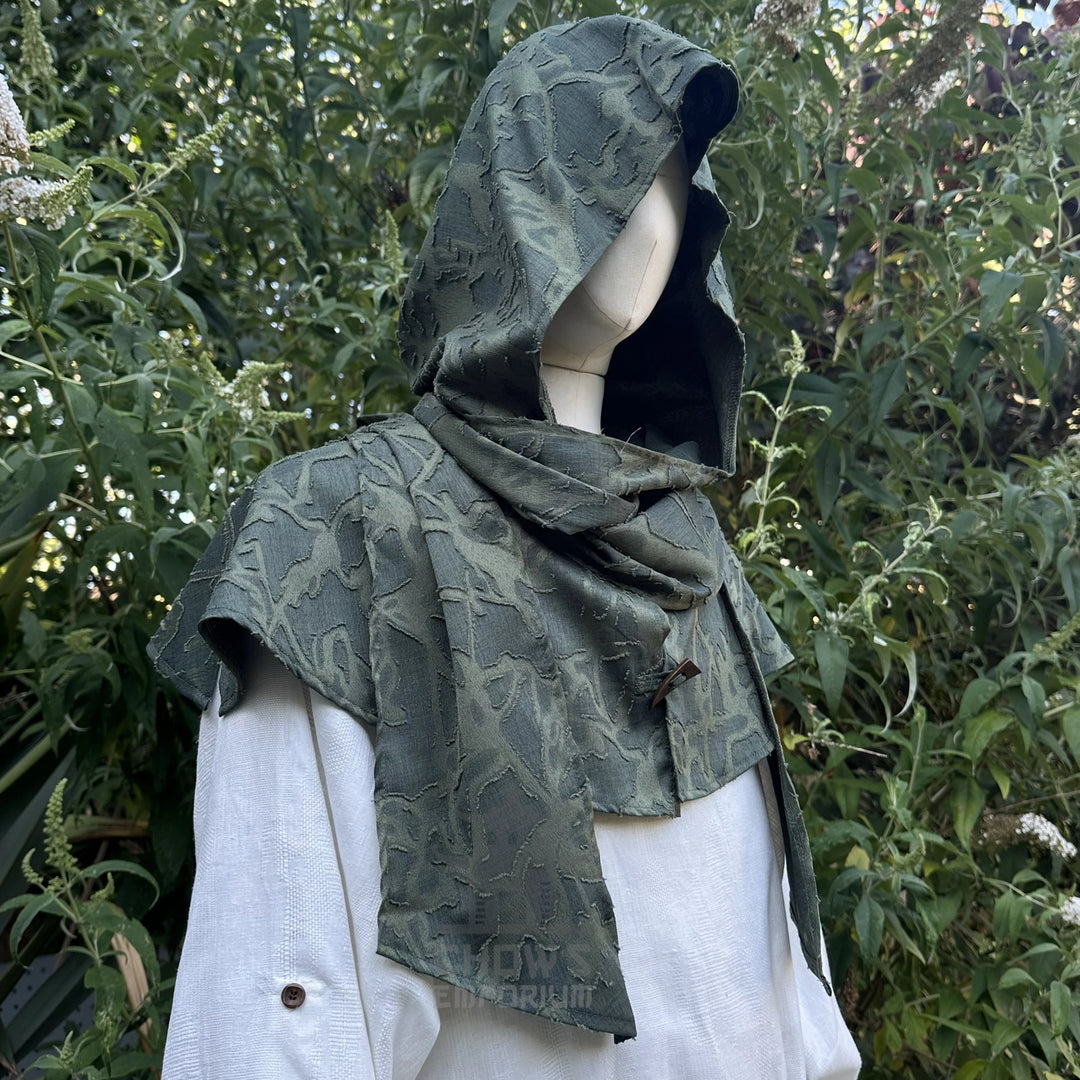 Green medieval snood wrapped over the face for a rogue or assassin look