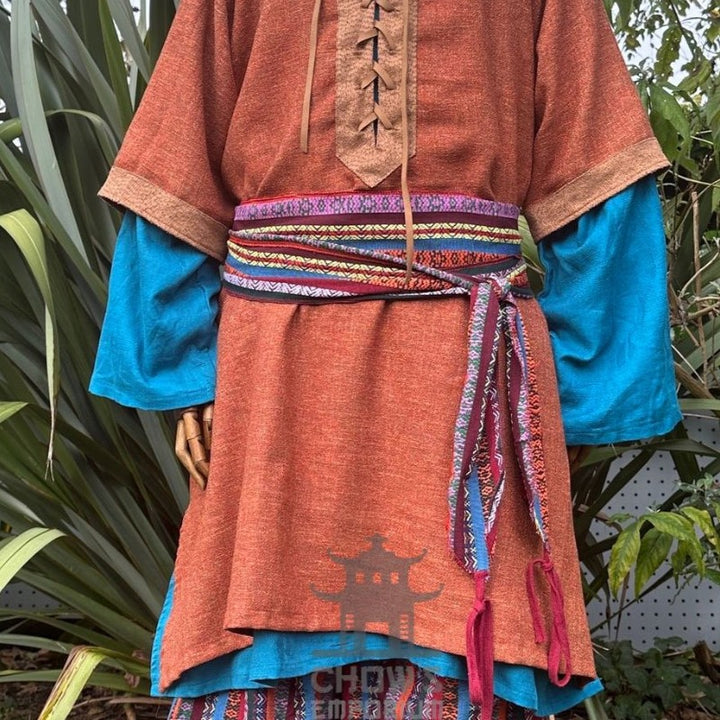 LARP Belt and Sash Set - Red Multi Pattern - Buffalo Leather