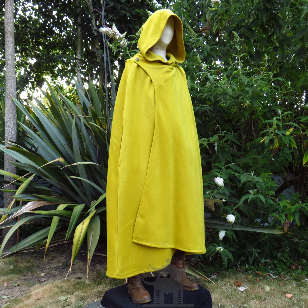 Full-length mustard wool hooded cloak, hood up