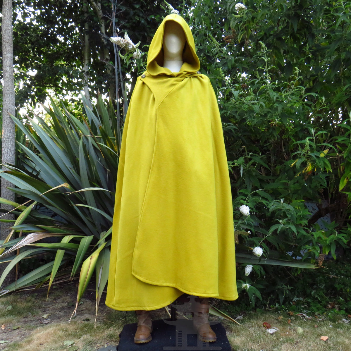 Mustard wool hooded cloak worn with the hood up, front, full length