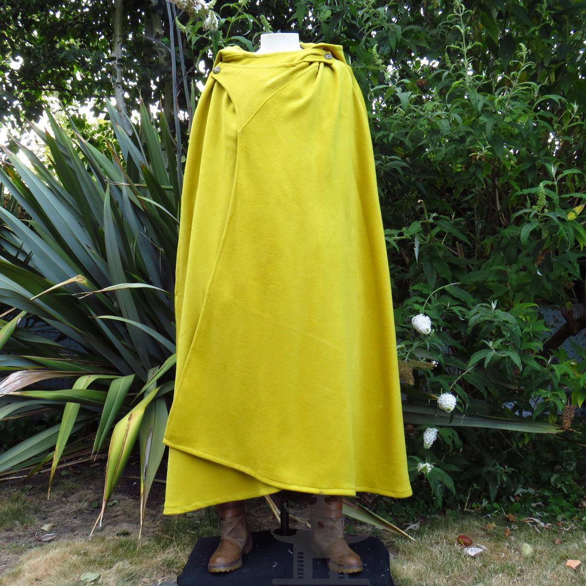 Mustard wool hooded cloak shown full length, hood down, front