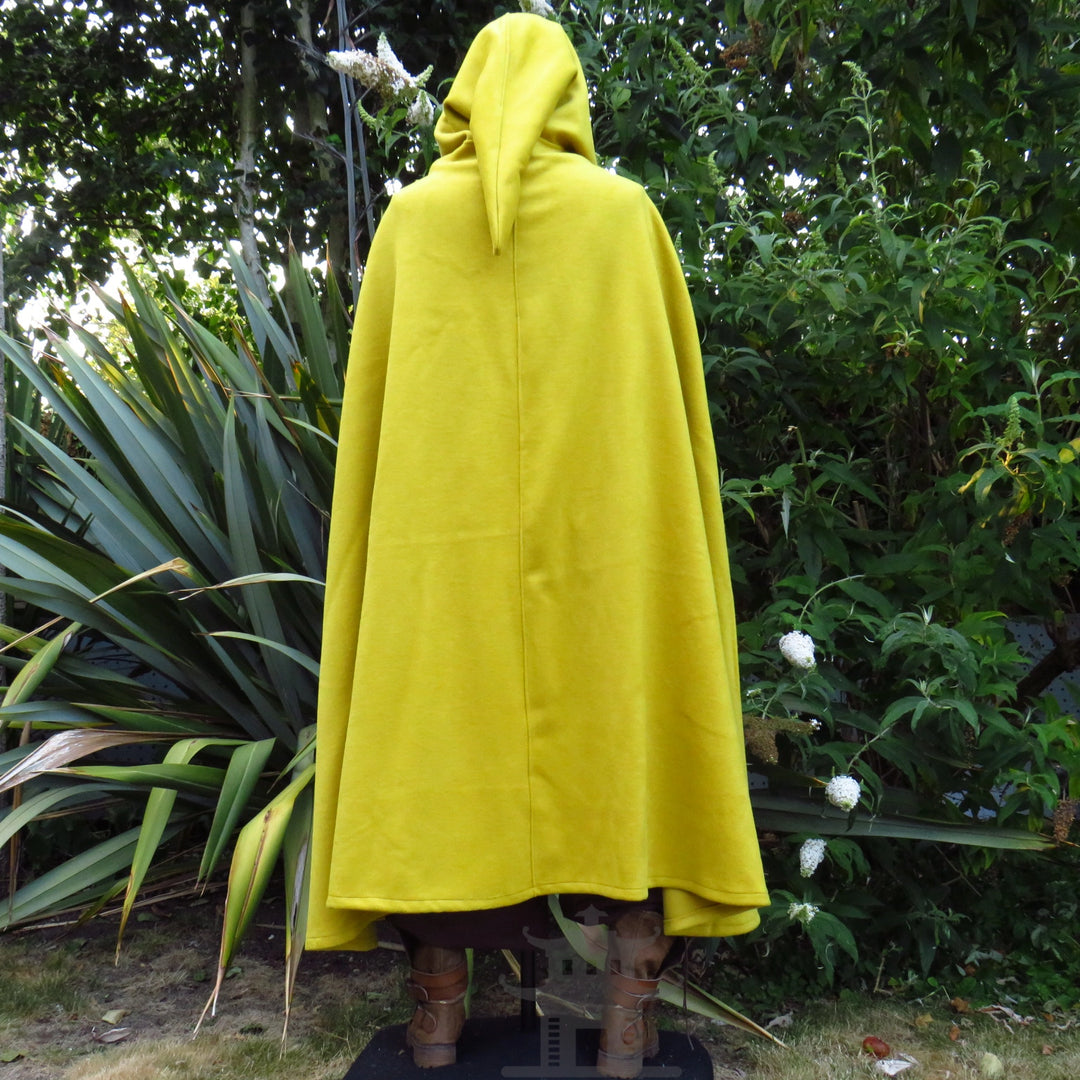 Mustard wool hooded cloak, hood up, front detail