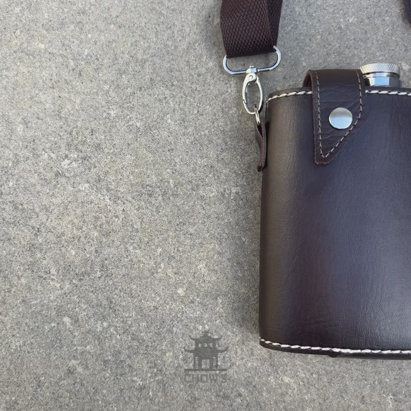 18oz Leather Hip Flask with Shoulder Strap