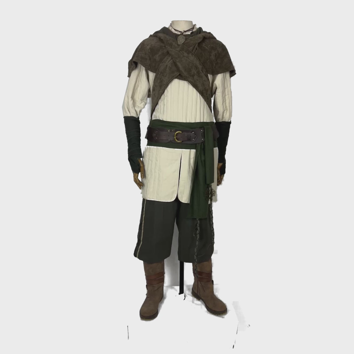 6 Piece Green Outfit (Hood, Gambeson, Pants, Arm Wraps, Sash, Necklace)