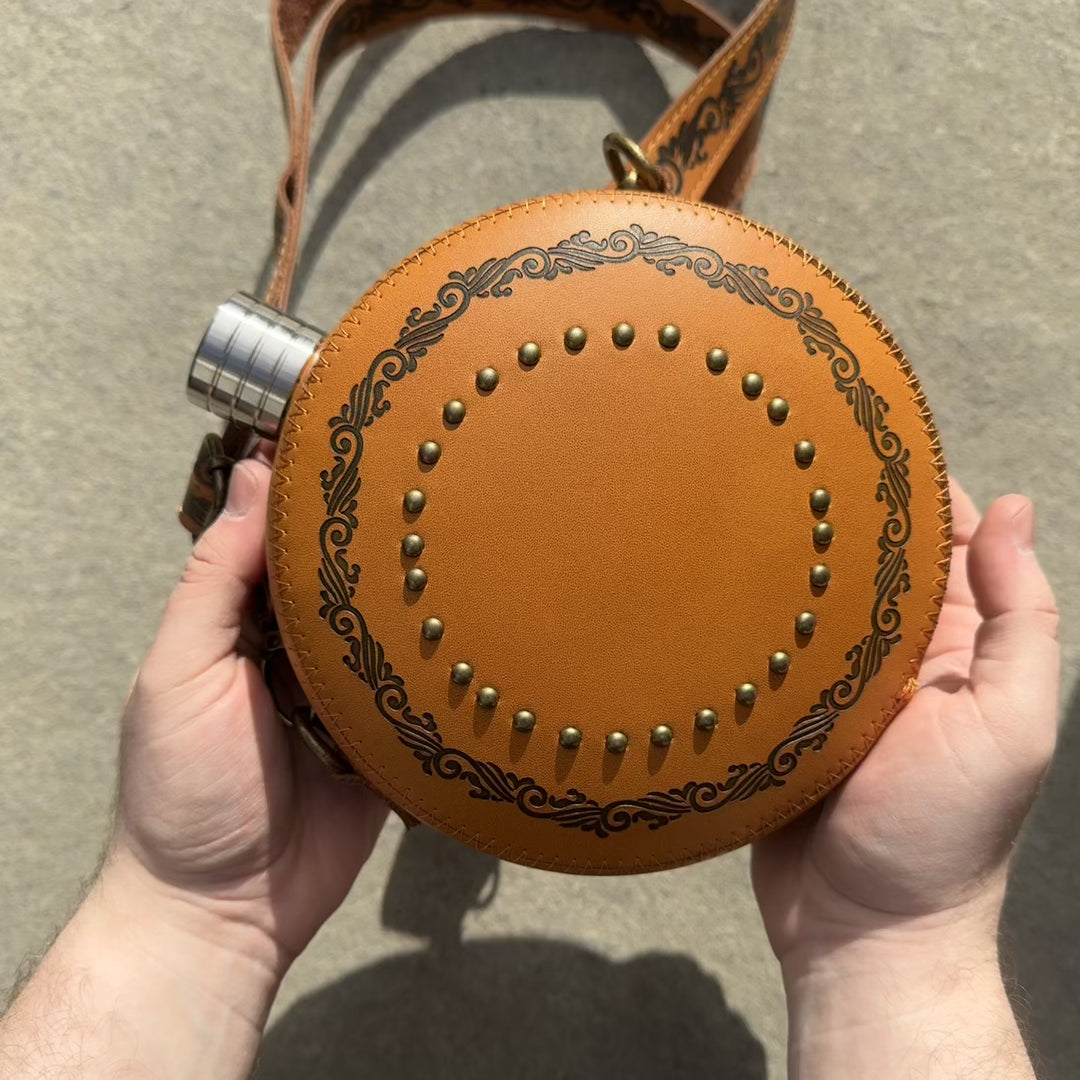 Decorative 42oz Leather Hip Flask with Shoulder Strap