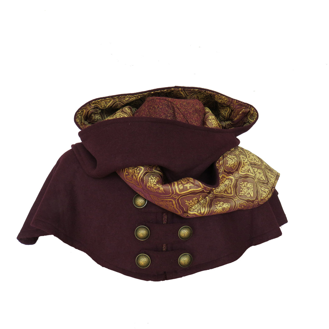 This LARP Hood is Red with a Wrap Around extention. This Viking Scarf Hood is made of Faux Suede Effect, and is Water Resistant and Warm. It has an interior Elaborate Gold Satin Pattern, perfect for your LARP Character and LARP Costume, Cosplay Event, and Ren Faire.
