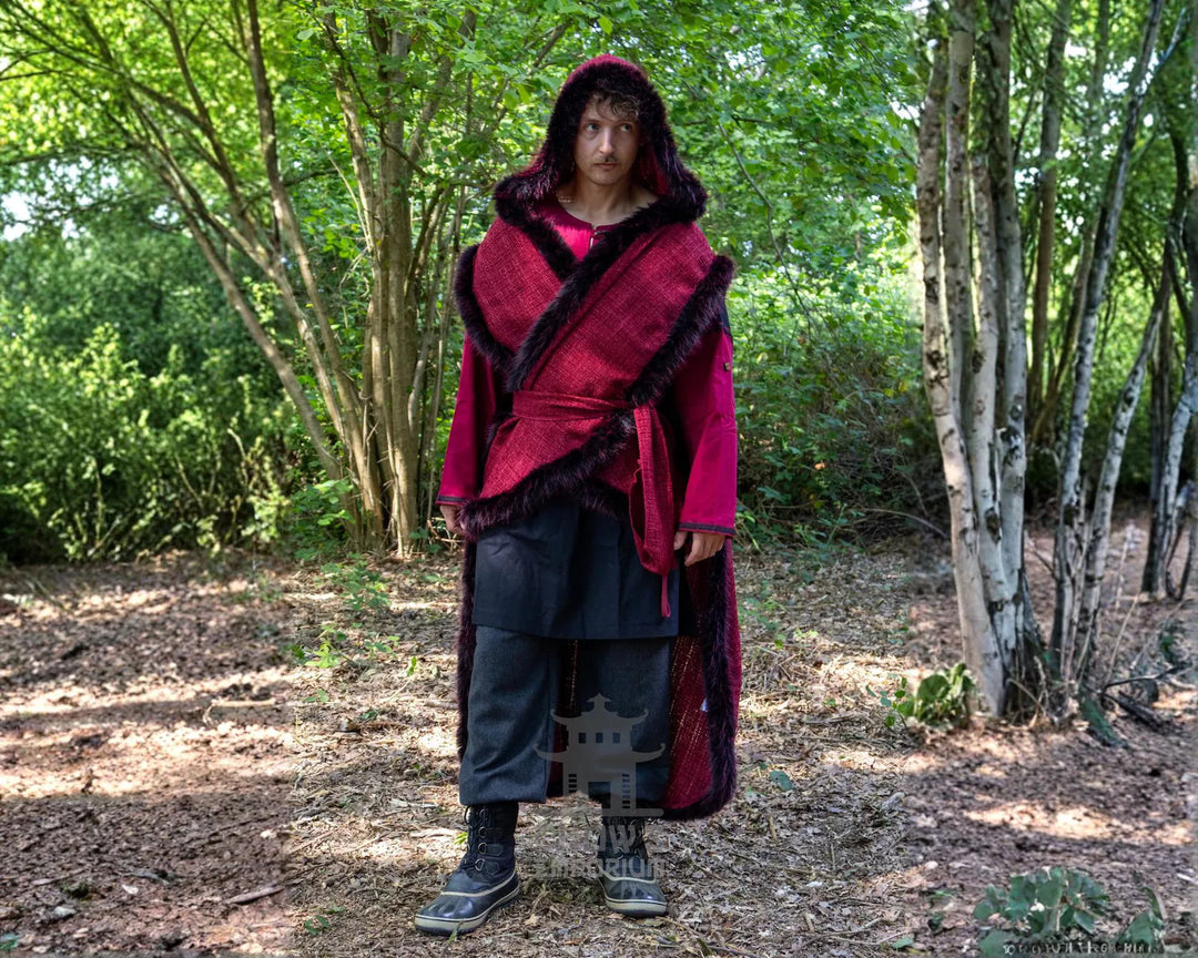 Red and Black Viking Fur-Trim Cape with Sash
