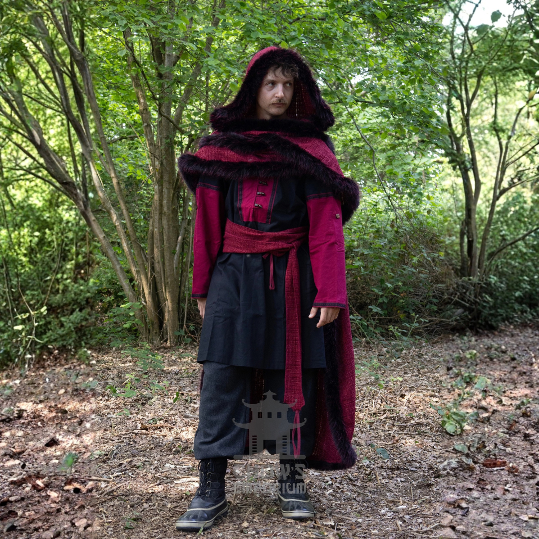 Red and Black Viking Fur-Trim Cape with Sash