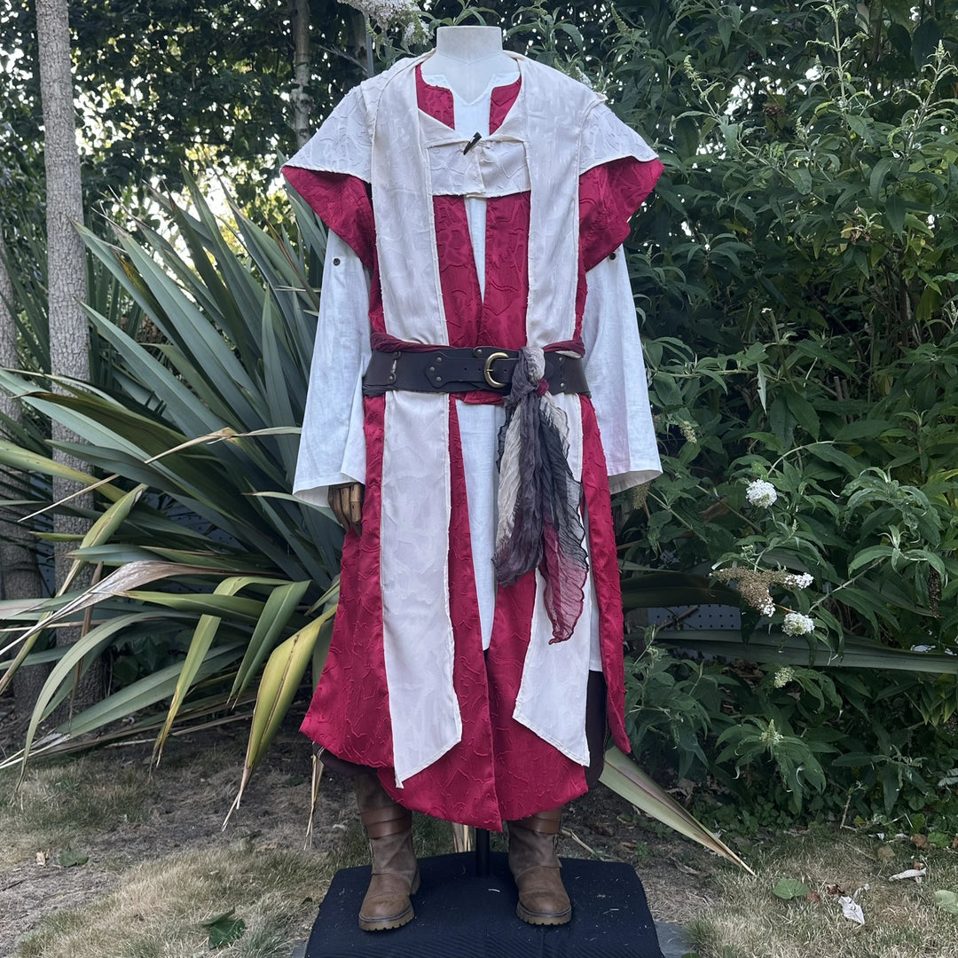 Cream waistcoat worn open over red with a belt at the waist, hood down, front view. Belt sold separately.