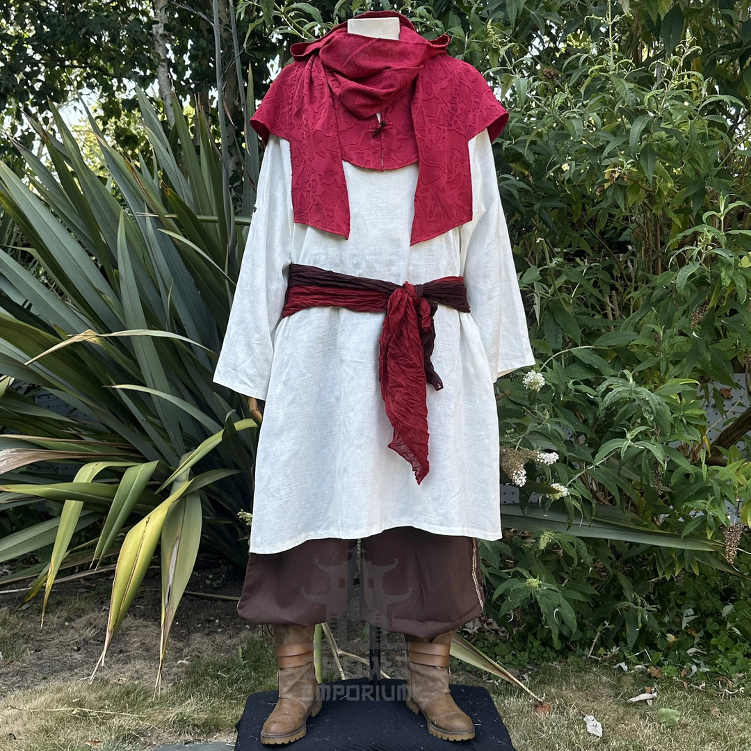 Red cotton scarf hood with the ends hanging loose at the front