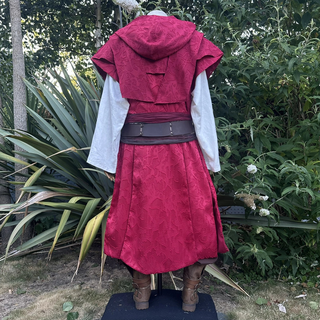 Red waistcoat and hood set with the hood worn up, three-quarter view showing the wraparound hood.