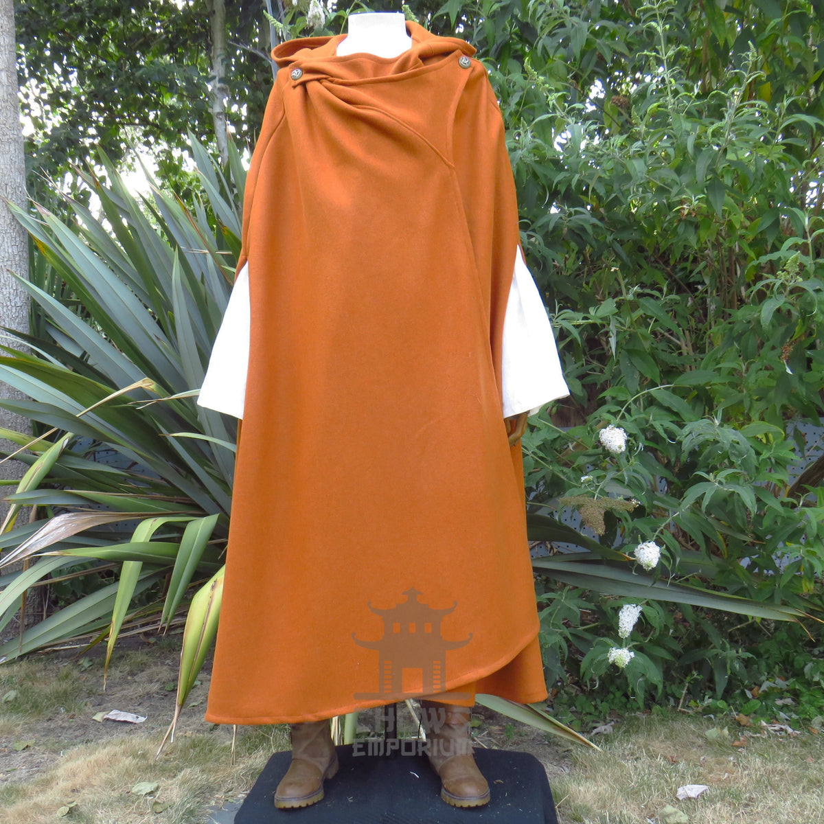Full-length rust cloak closed across the chest, hanging to 49in from the shoulder