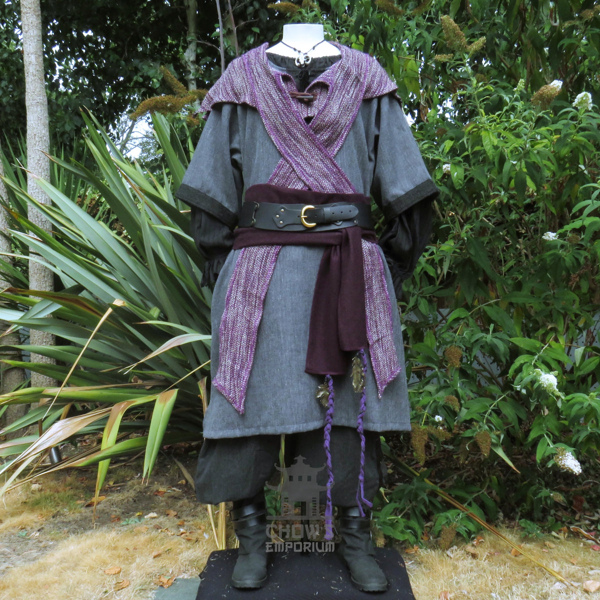 LARP Basic Outfit - 3 pieces Grey & Purple (Tunic, Hood, Sash)