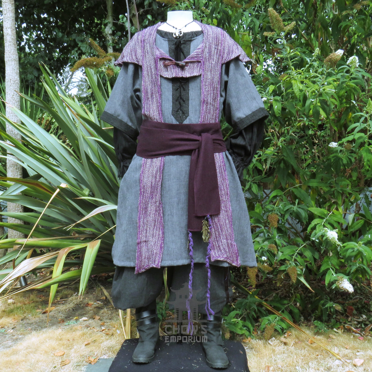 LARP Basic Outfit - 3 pieces Grey & Purple (Tunic, Hood, Sash)