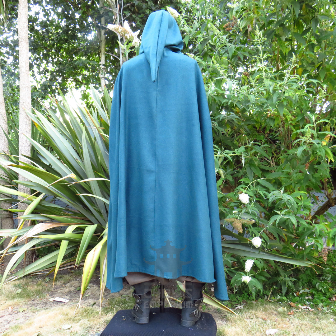 Full-length teal medieval cloak hanging to 49in from the shoulder, hood raised