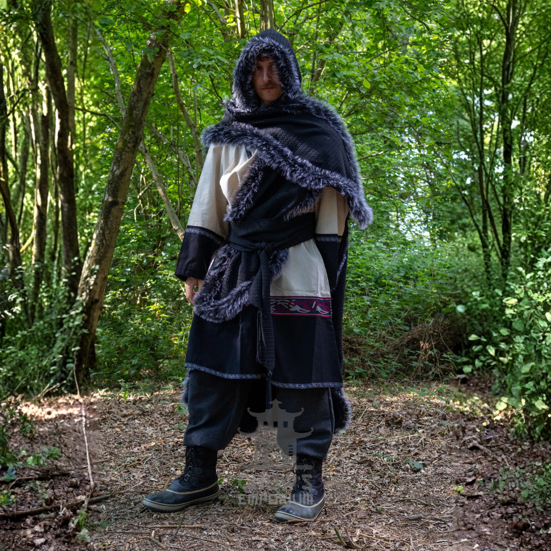 Black Viking Fur-Trim Cape with Sash