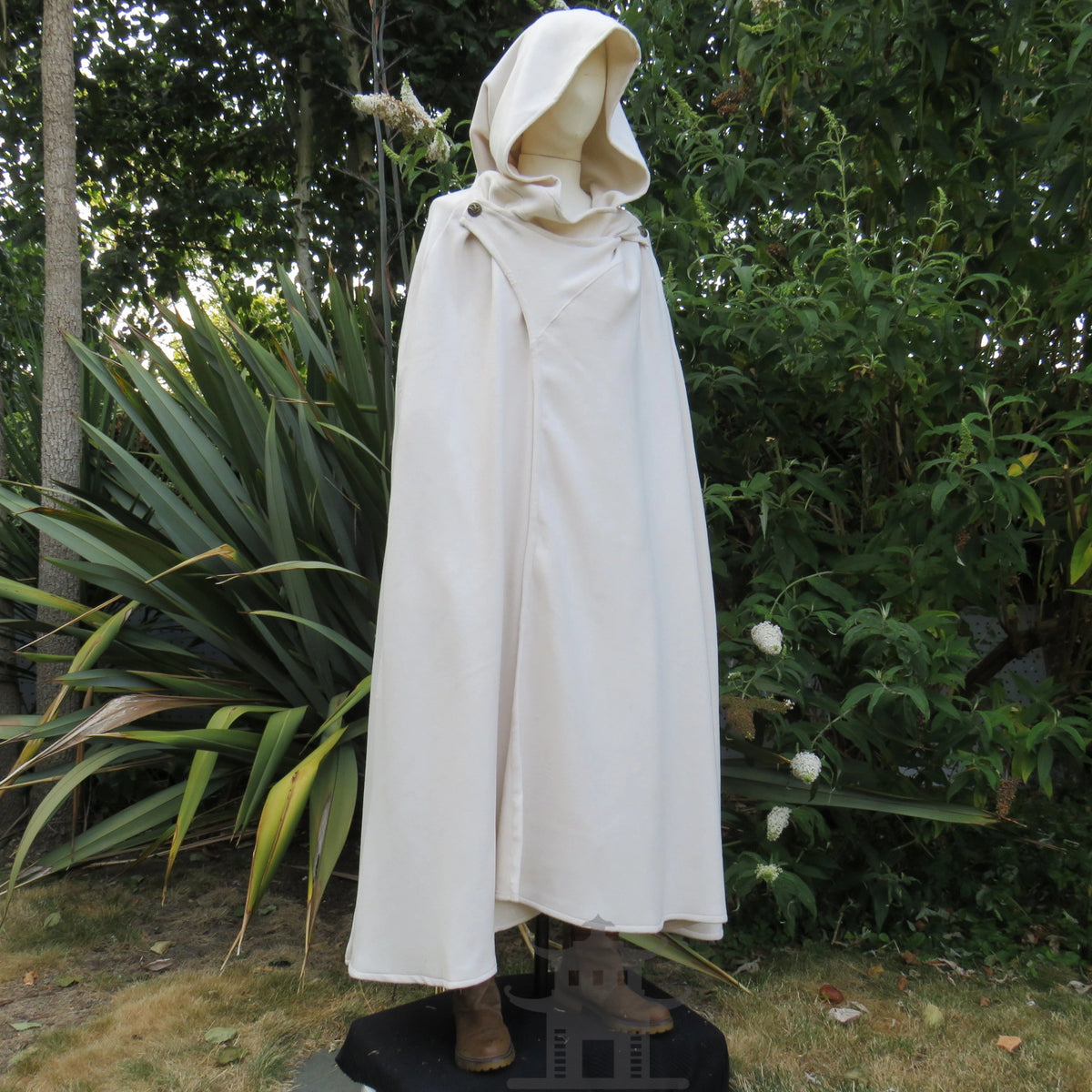 Full-length white medieval cloak hanging to 49in from the shoulder, hood up