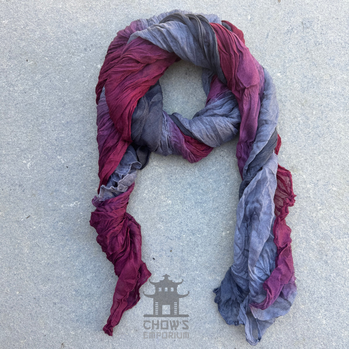 Wine pirate sash tied and draped, slate blue and wine red viscose