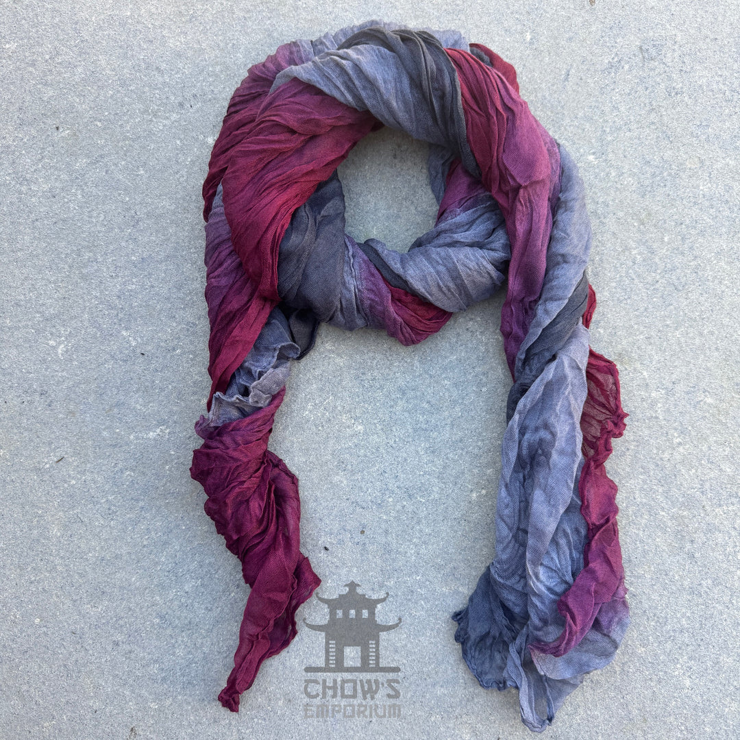 Wine pirate sash tied and draped, slate blue and wine red viscose