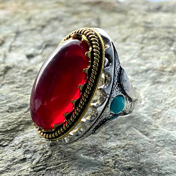 Gemstone Ring - Silver And Gold (Red) - Chows Emporium Ltd
