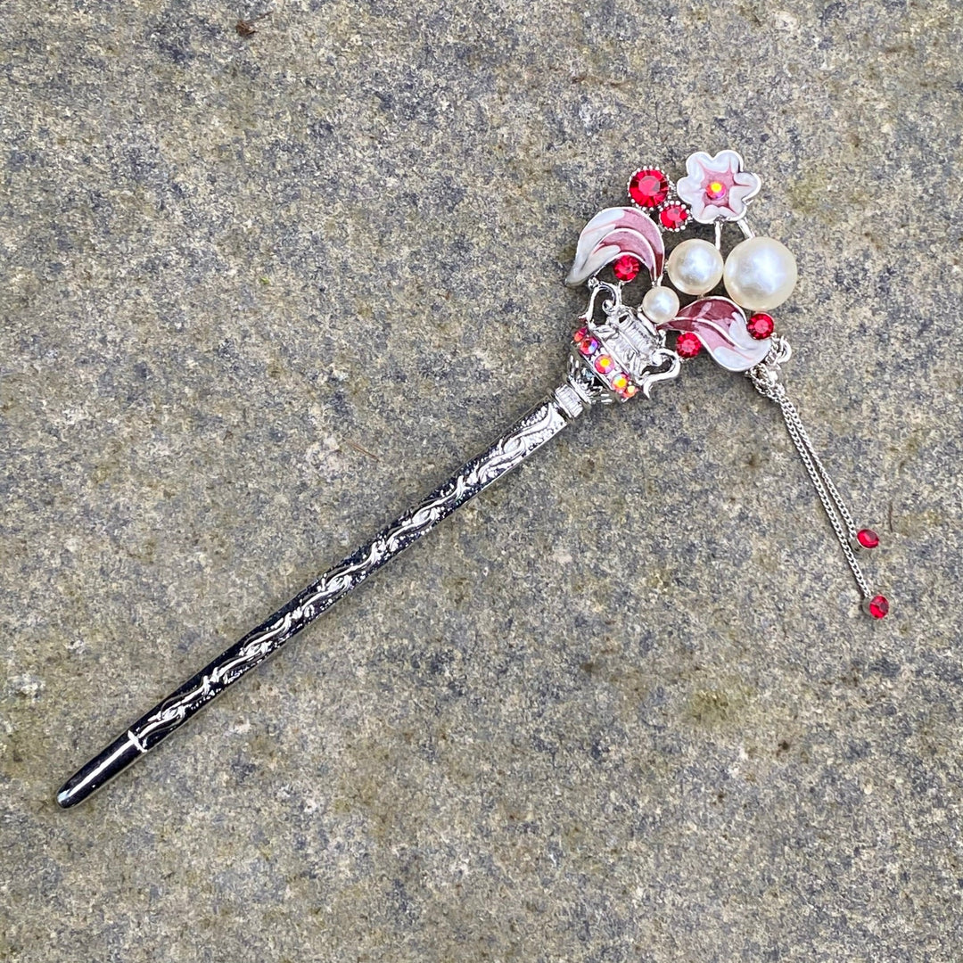 Hairpin, Leaves and Pearls (Red and Silver) - Chows Emporium Ltd