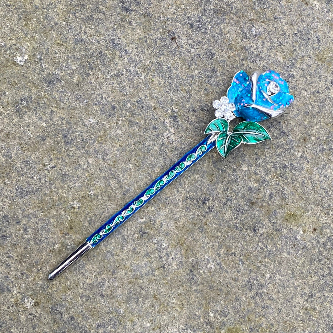 Hairpin, Decorated Rose (Silver and Blue) - Chows Emporium Ltd