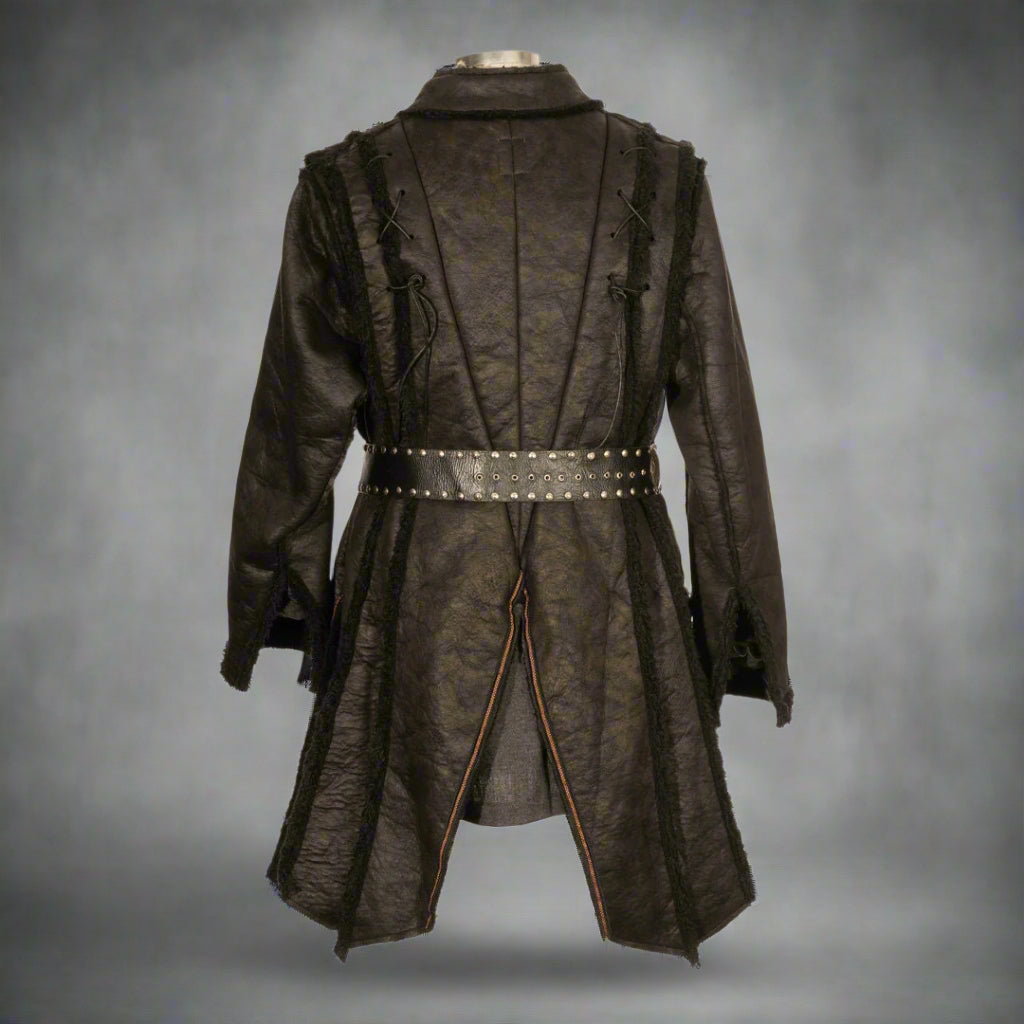 Back view of long black Viking warrior coat with layered flared panels.