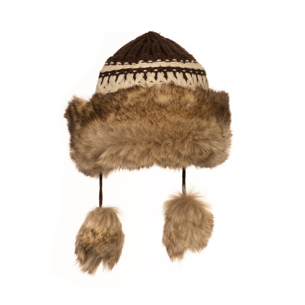 A LARP Hat in Brown Knitted Wool. This LARP Headpiece has Faux Fur Trim and Fleece Lining. It is Warm and Water Resistant. This is perfect for your LARP Character and LARP Costume, Cosplay Events and Cosplay Costume, and Ren Faires.