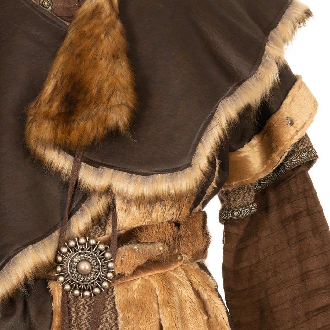 Brown faux fur mantle with decorative clasp, medieval warrior style for LARP events.