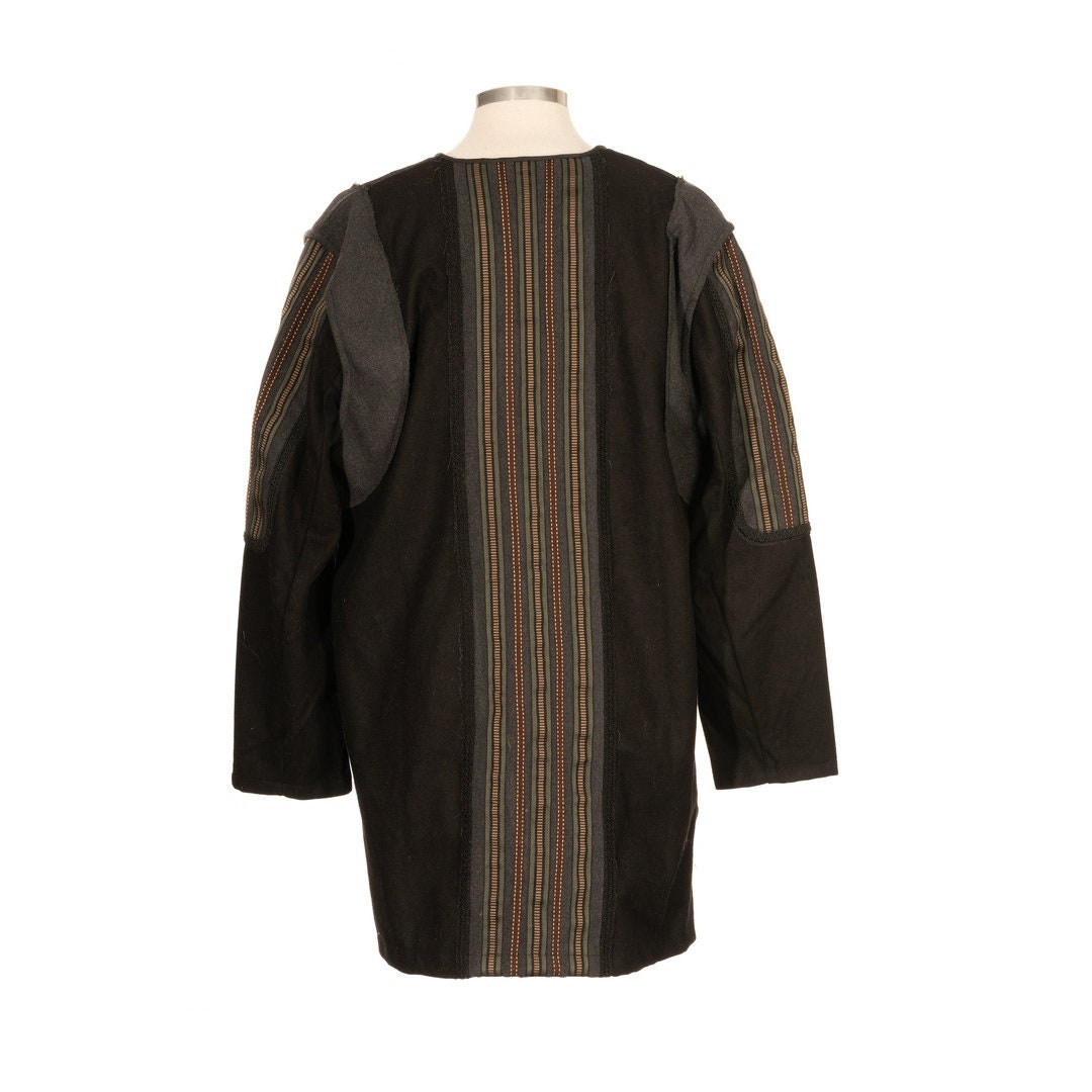 Back view of black-grey medieval LARP jacket with vertical striped panel.
